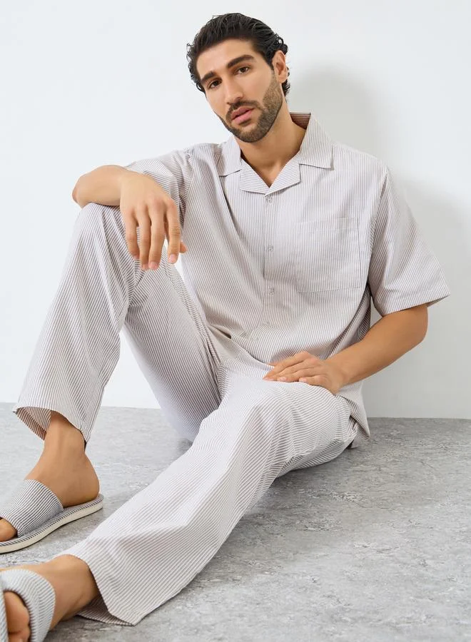 Styli  Men Relaxed Fit Striped Shirt and Pyjama Set for Men | Best Price UAE